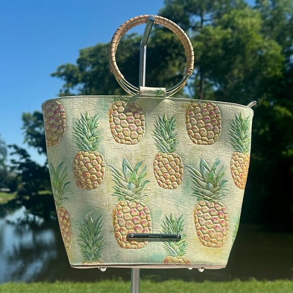 Brahmin Leather Mod Bowie Multi Pompano Pineapple Ring Handle Tote Bag NEW - Picture 1 of 12